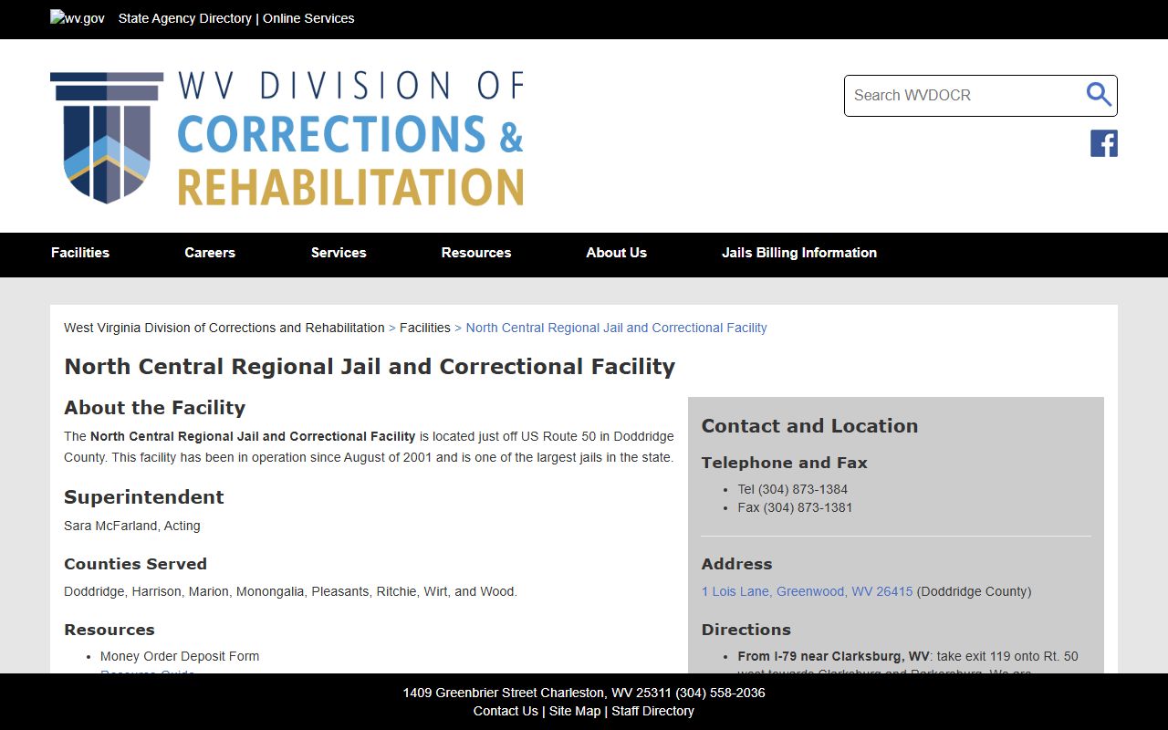 Official WVDCR North Central Regional Jail and Correctional Facility page