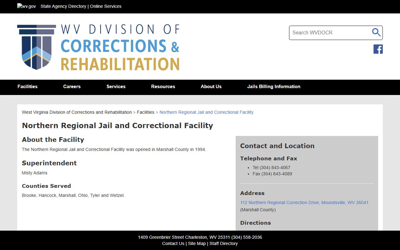 Official WVDCR Northern Regional Jail and Correctional Facility page