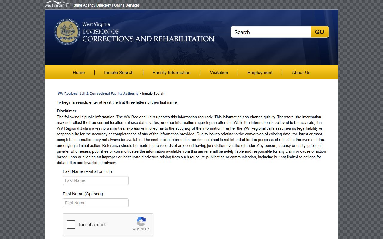 Wetzel County inmate search through WVDCR jail offender search form